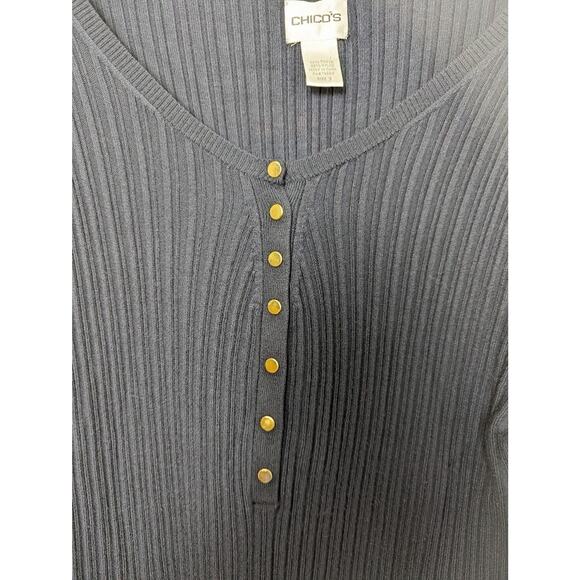 Chico's Size 3 Pullover Knit Sweater Vneck Snap accent Long Sleeve Navy … - Picture 6 of 11